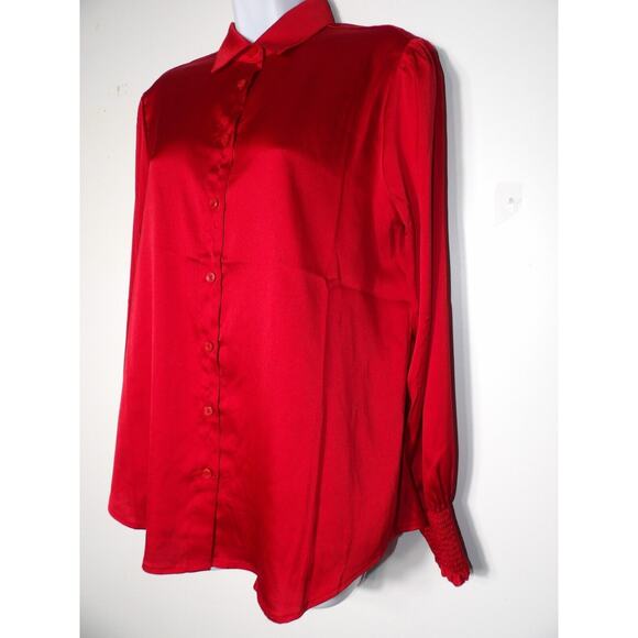 Chicos 0 Sz 4 Satin Blouse Red Solid Smocked Cuff Blouse Wild Poppy Button Up - Picture 3 of 14